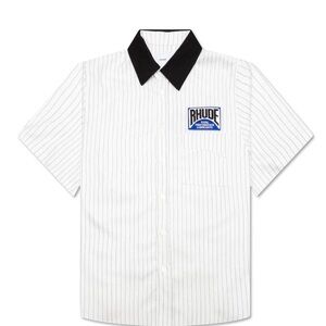 RHUDE TWILL STRIPE MECHANIC SHIRT - WHITE/BLACK SZ LARGE